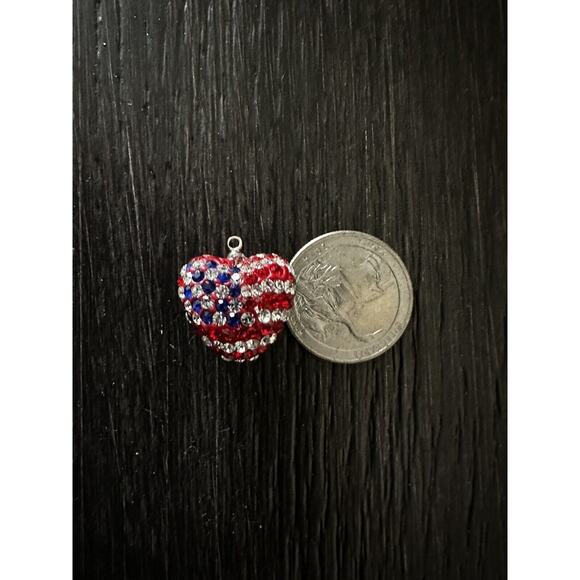 American Flag Heart Shaped Pendant Crystal Beaded Two Sided Red White Blue USA - Picture 3 of 3